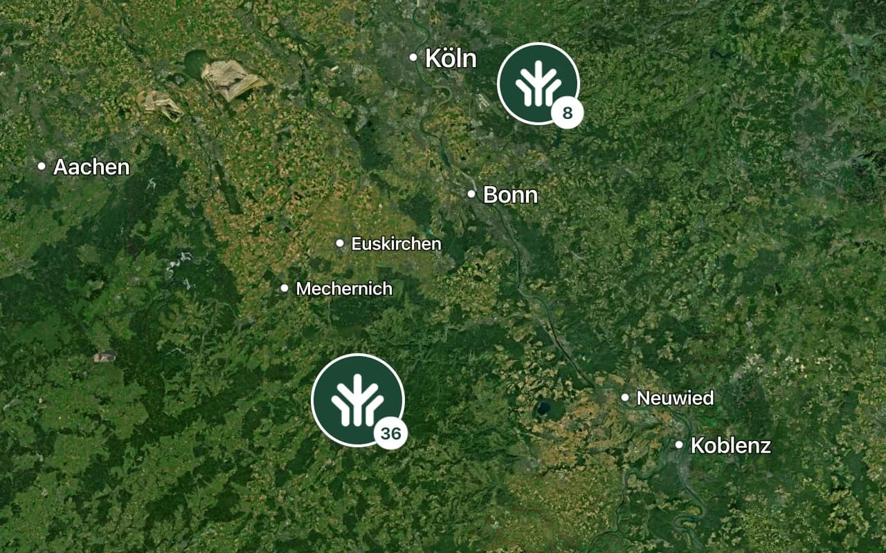 Satellitenkarte mit den Schutzgebieten des UrwaldProjekts im Rheinland und der Eifel