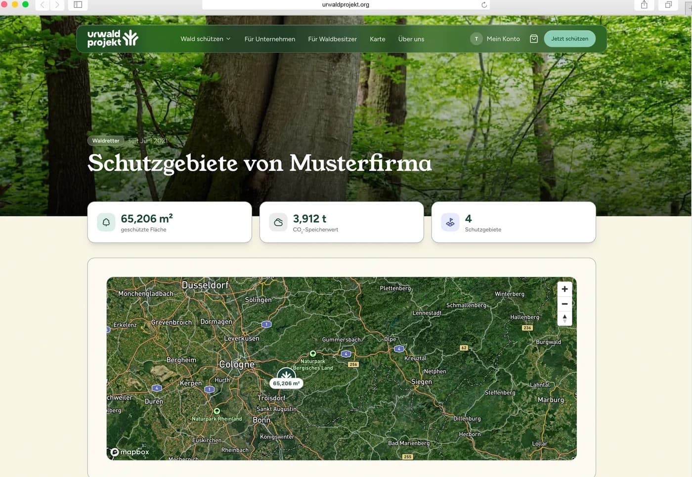 Öffentliche Waldretter-Seite mit Schutzgebieten, Kennzahlen und Karte